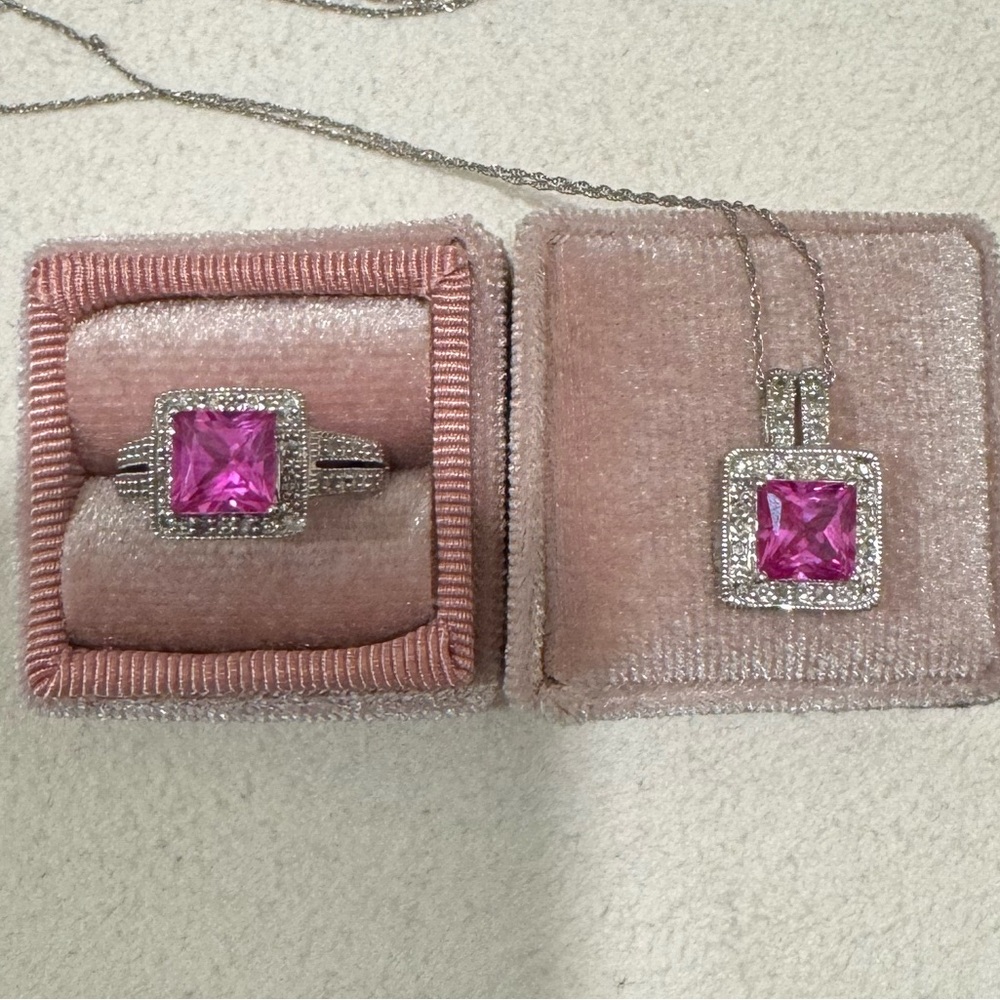 10k white gold pink sapphire ring with matching necklace